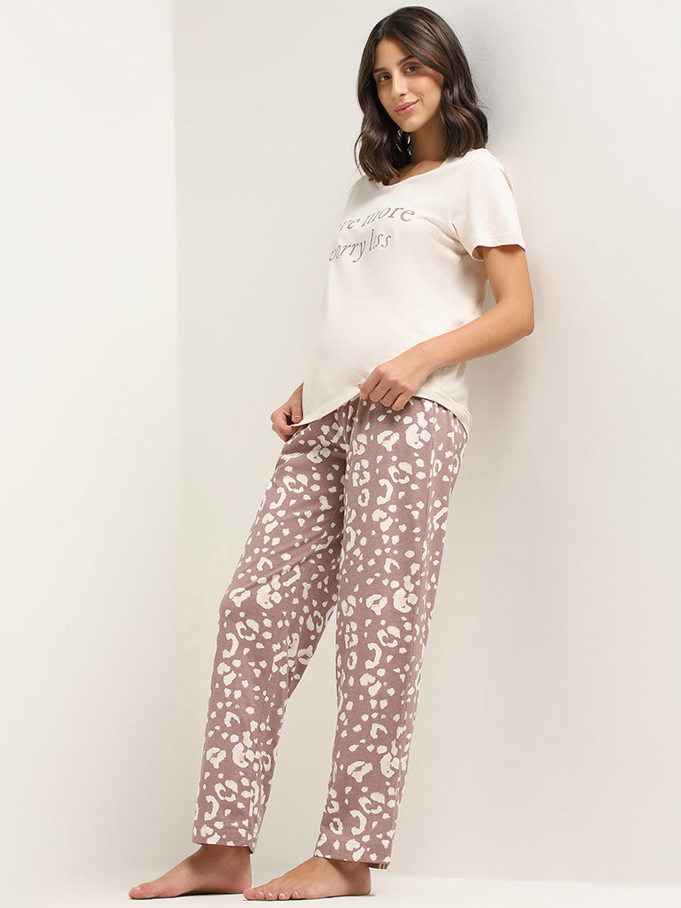 Wunderlove Light Brown Printed Cotton Pyjamas