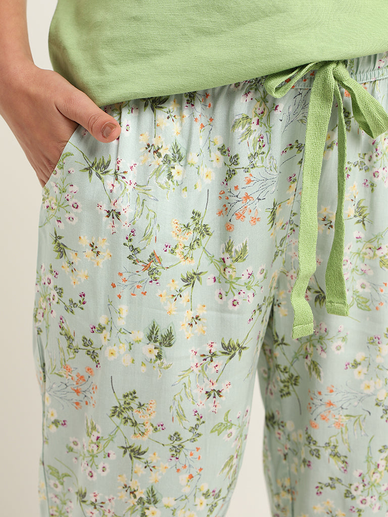 Wunderlove Light Green Floral Cotton Pyjamas