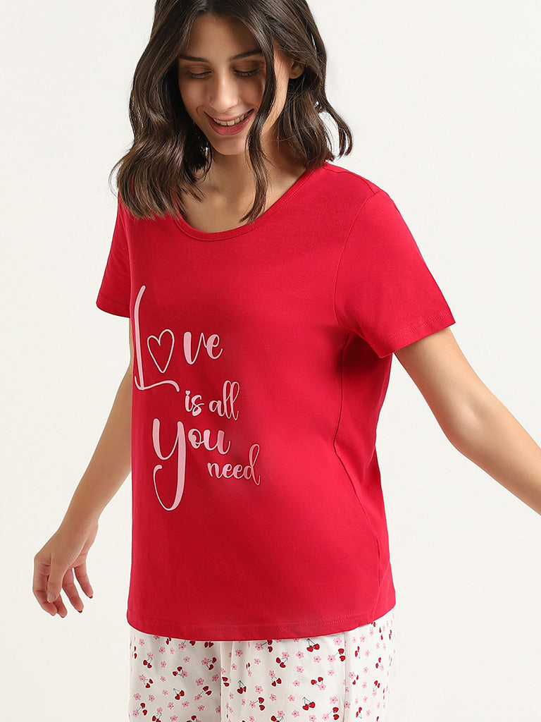 Wunderlove Red Contrast Printed Cotton T-Shirt
