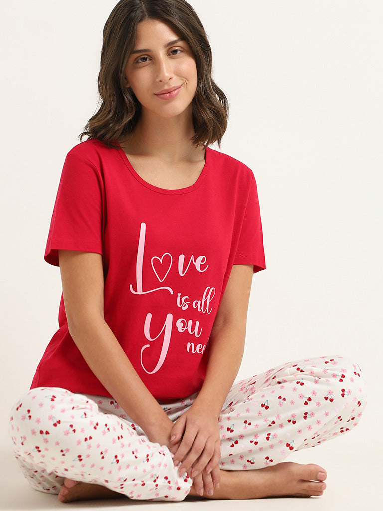 Wunderlove Red Contrast Printed Cotton T-Shirt