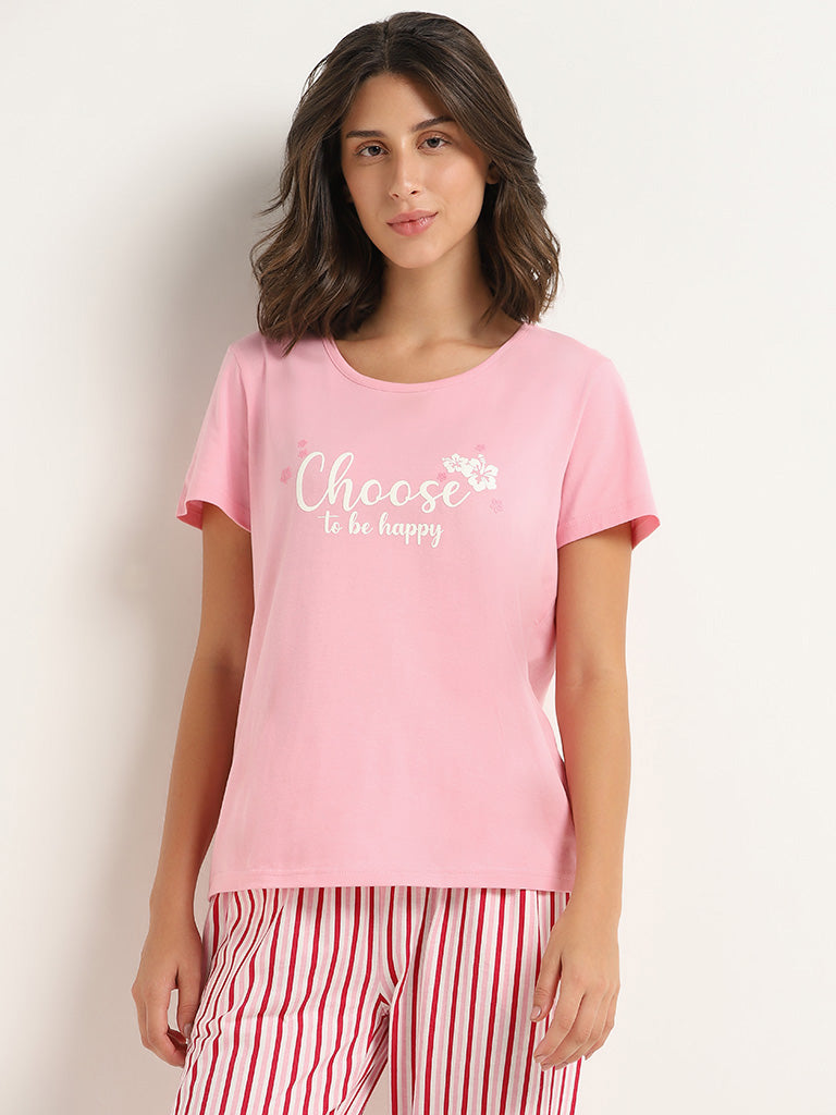 Wunderlove Light Pink Contrast Printed T-Shirt