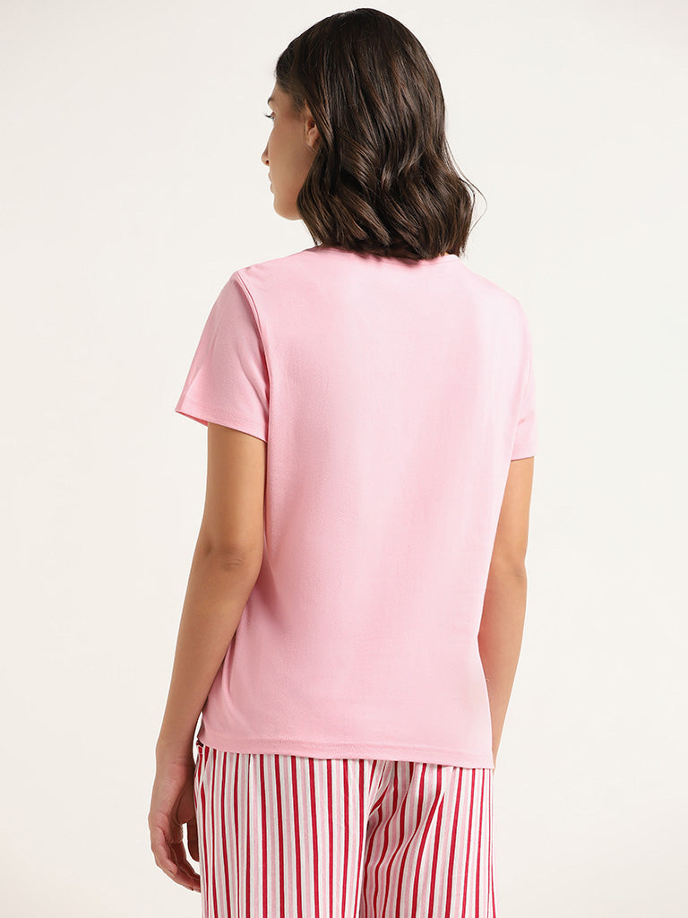Wunderlove Light Pink Contrast Printed Cotton T-Shirt