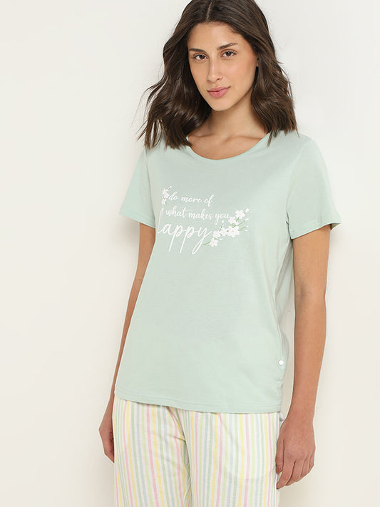Wunderlove Light Green Printed Cotton T-Shirt