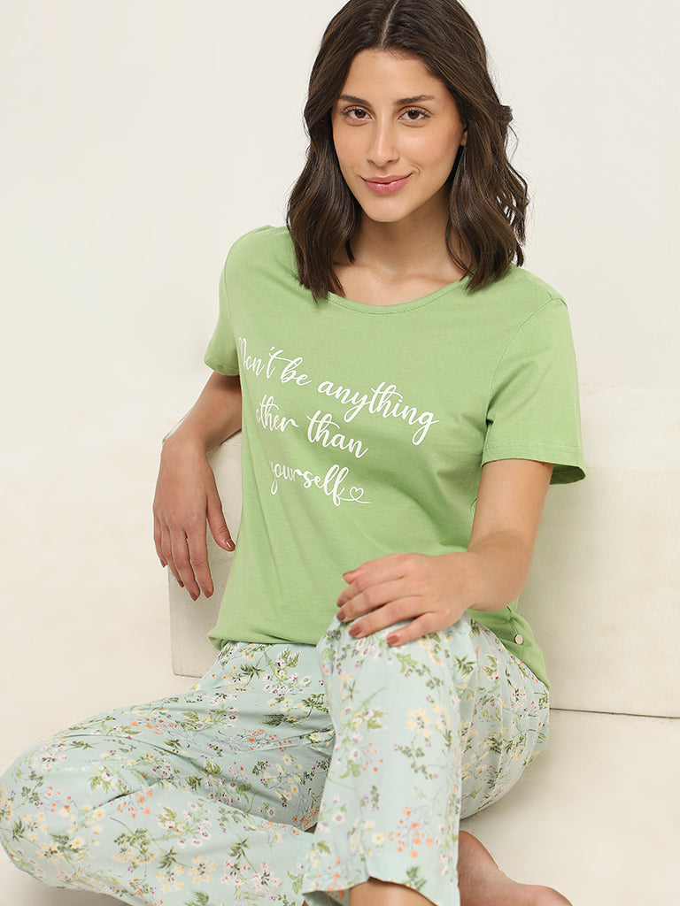 Wunderlove Green Printed Cotton T-Shirt