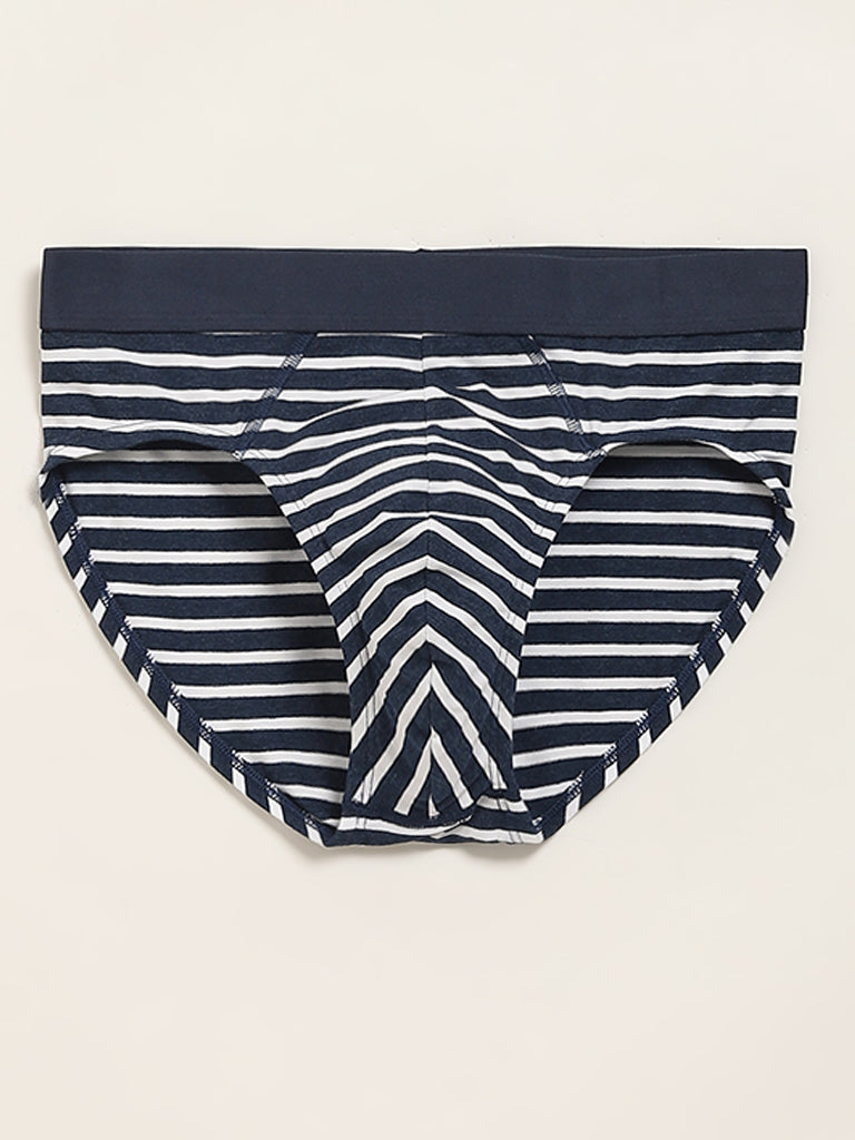 WES Lounge Navy Striped Cotton Blend Relaxed Fit Briefs- Pack of 3