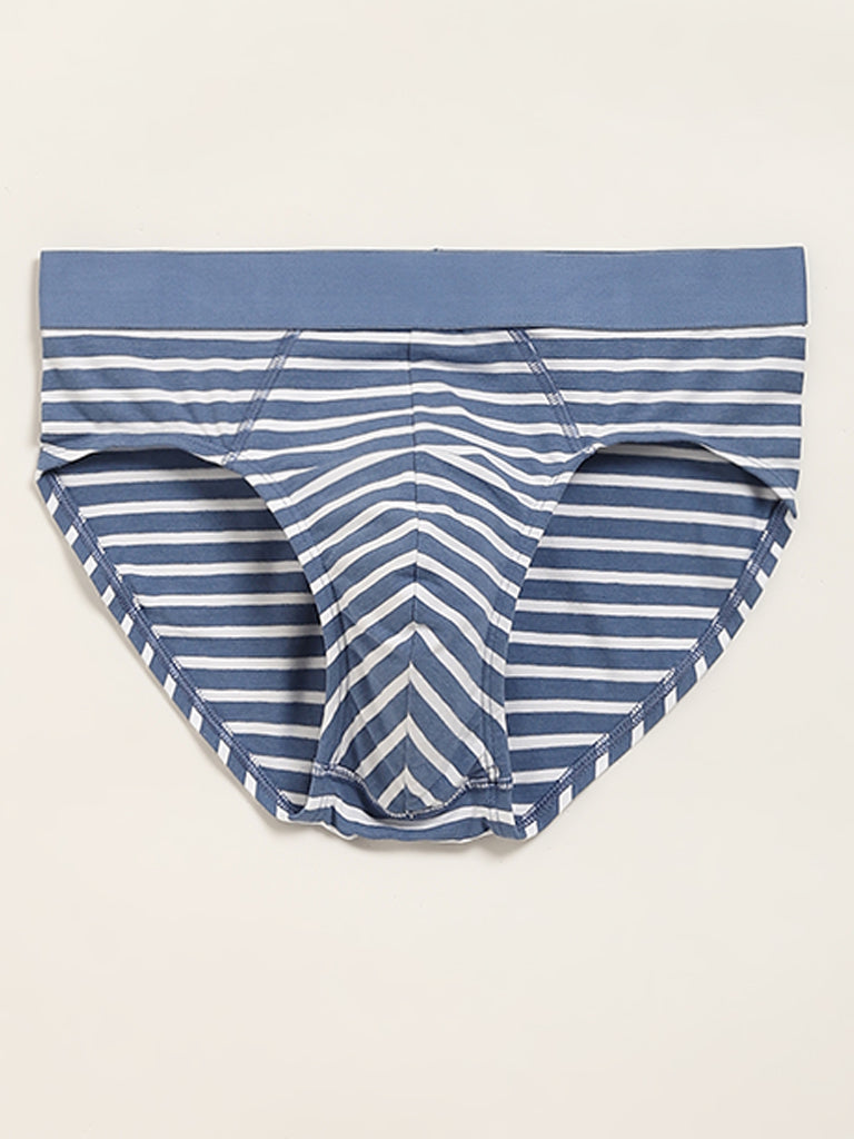 WES Lounge Navy Striped Cotton Blend Relaxed Fit Briefs- Pack of 3