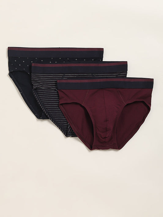 WES Lounge Wine Printed Relaxed Fit Briefs - Pack of 3
