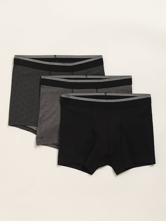 WES Lounge Black Printed Relaxed Fit Trunks - Pack of 3