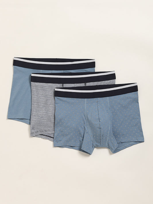 WES Lounge Light Blue Cotton Blend Relaxed Fit Trunks - Pack of 3