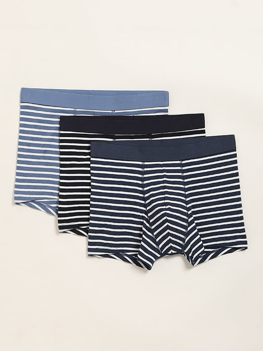 WES Lounge Navy Striped Cotton Blend Relaxed Fit Trunks - Pack of 3