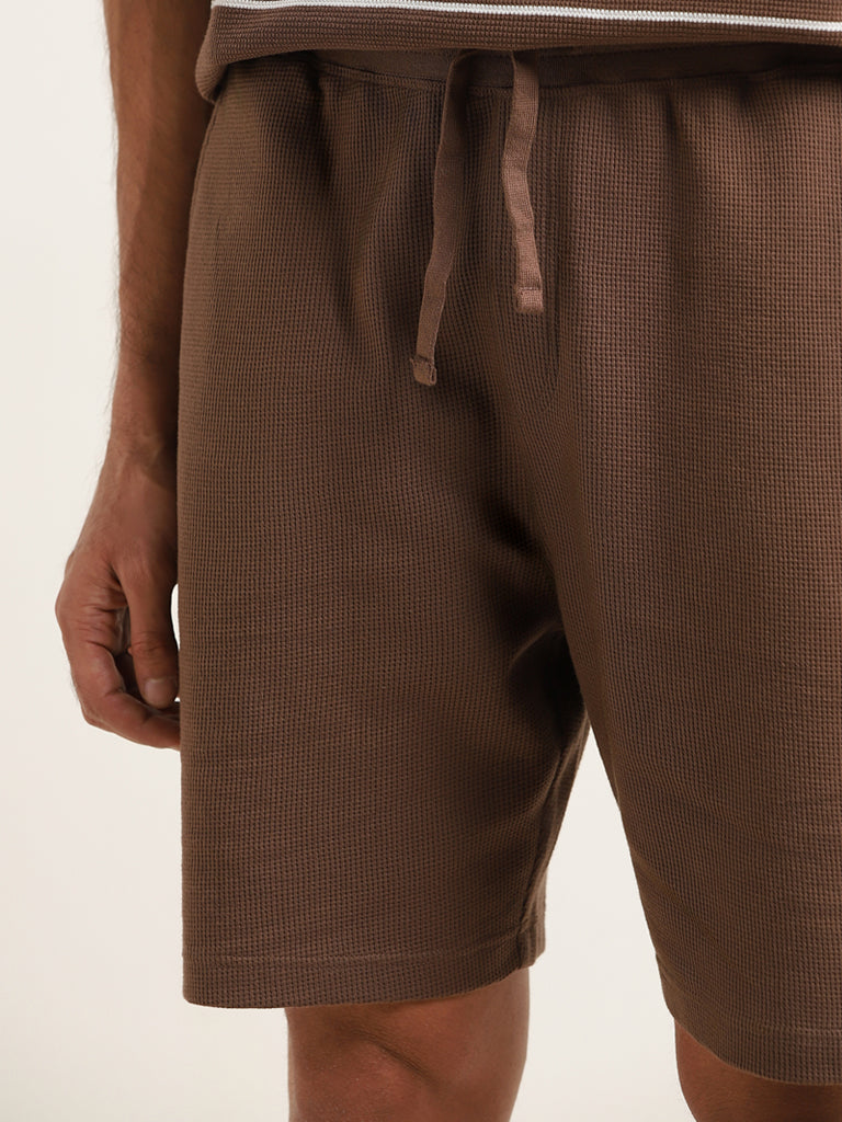 WES Lounge Brown Textured Cotton-Blend Relaxed Fit Shorts