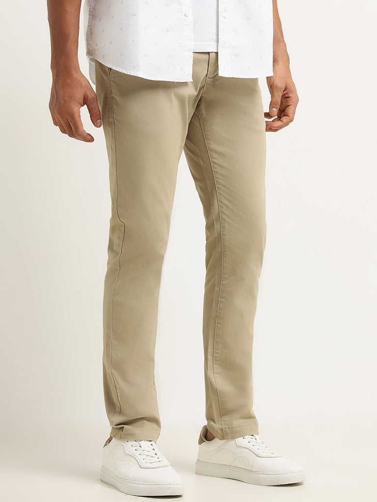 WES Casuals Dark Beige Cotton Blend Slim Fit Mid Rise Trousers