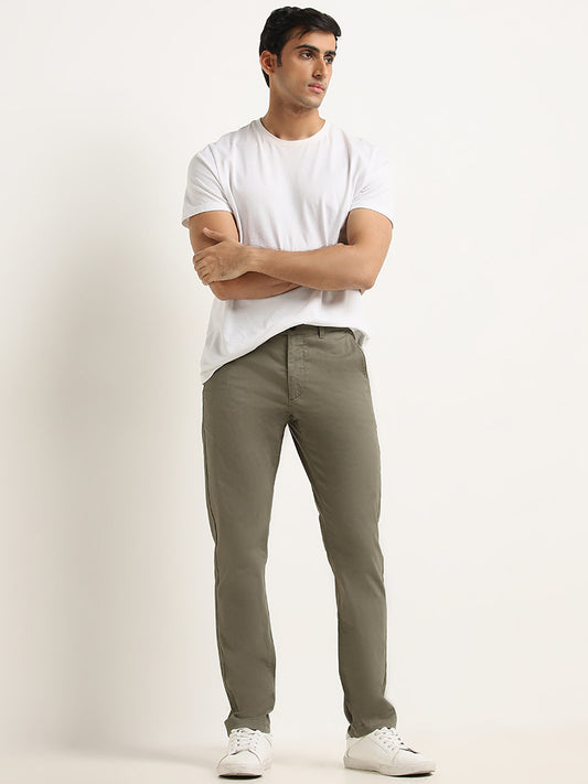 WES Casuals Olive Cotton Blend Slim Fit Mid Rise Chinos