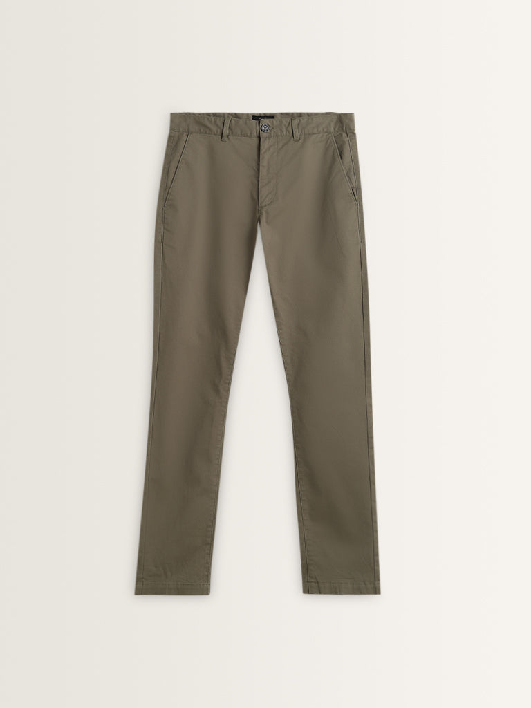 WES Casuals Olive Cotton-Blend Slim Fit Mid Rise Chinos