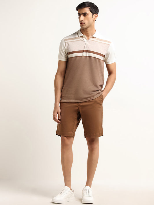 WES Casuals Brown Solid Relaxed Fit Mid Rise Shorts