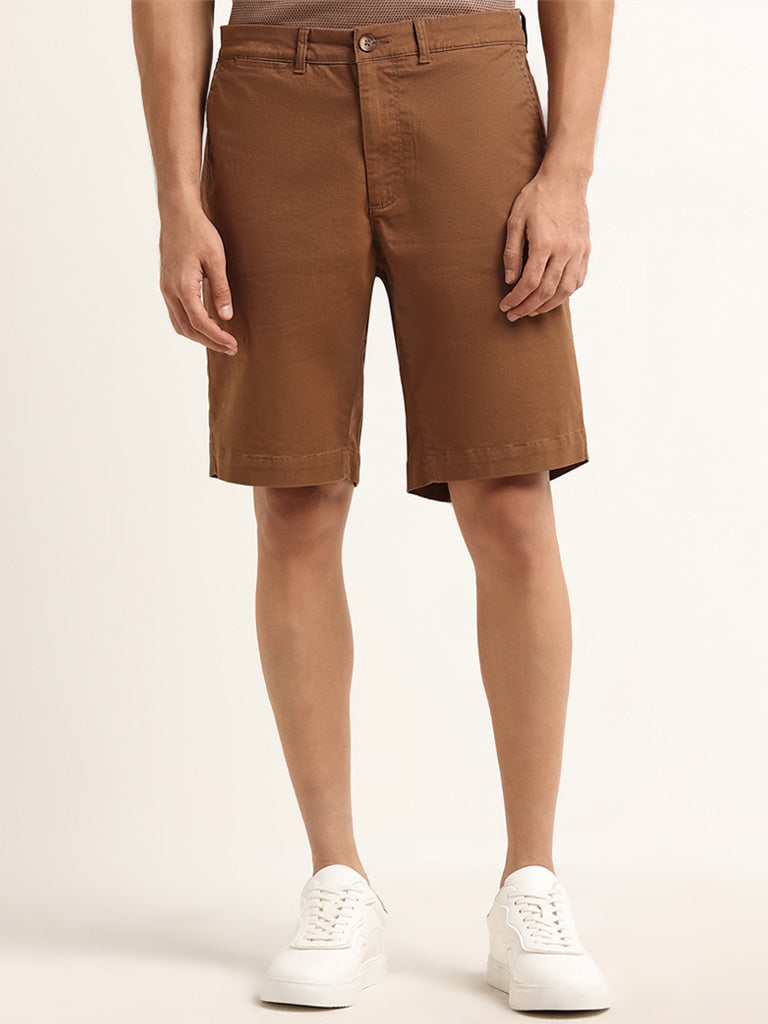 WES Casuals Brown Solid Relaxed Fit Mid Rise Shorts