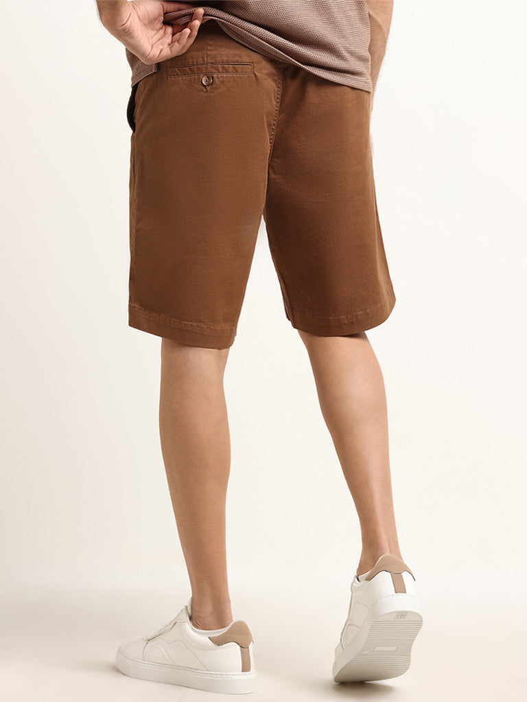 WES Casuals Brown Solid Relaxed Fit Cotton Blend Mid Rise Shorts