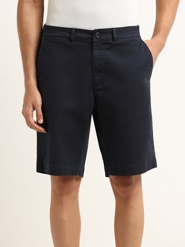 WES Casuals Navy Solid Relaxed Fit Cotton Blend Mid Rise Shorts