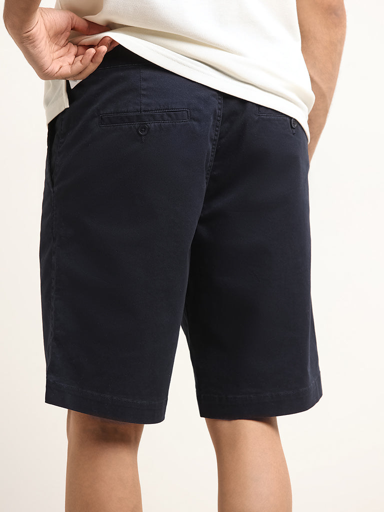 WES Casuals Navy Solid Relaxed Fit Mid Rise Shorts
