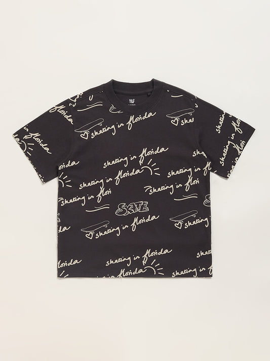 Y&F Kids Black Typographic T-Shirt