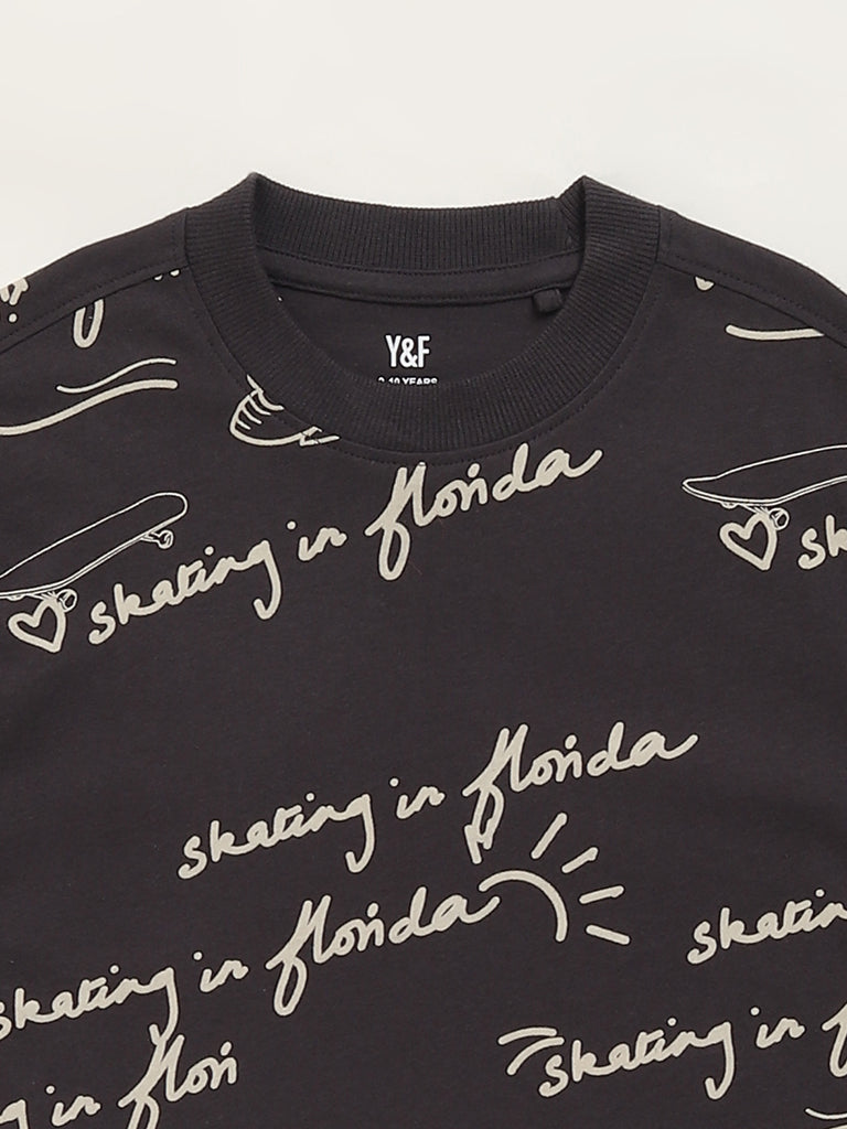 Y&F Kids Black Typographic T-Shirt
