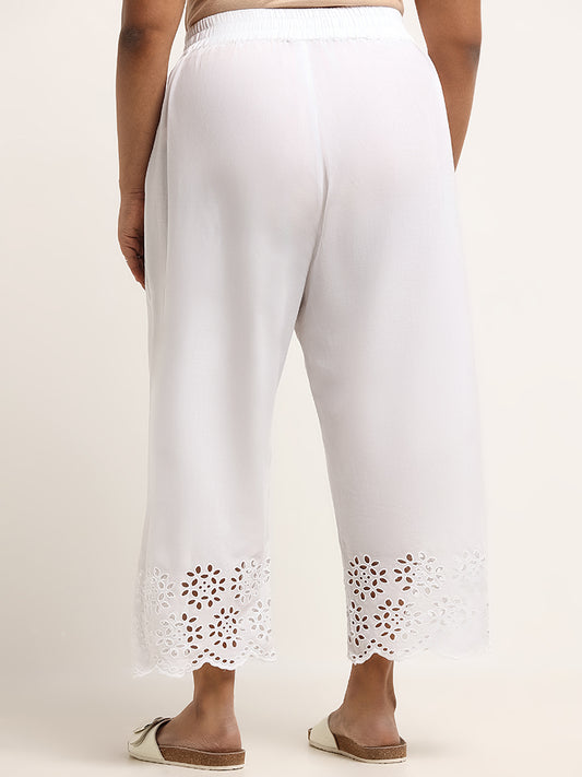 Diza White Mid-Rise Cotton Schiffli Pants