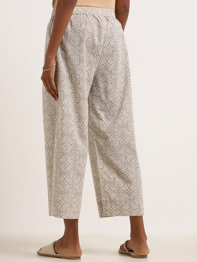 Utsa Grey Printed Blended Linen Wide-Leg Pants