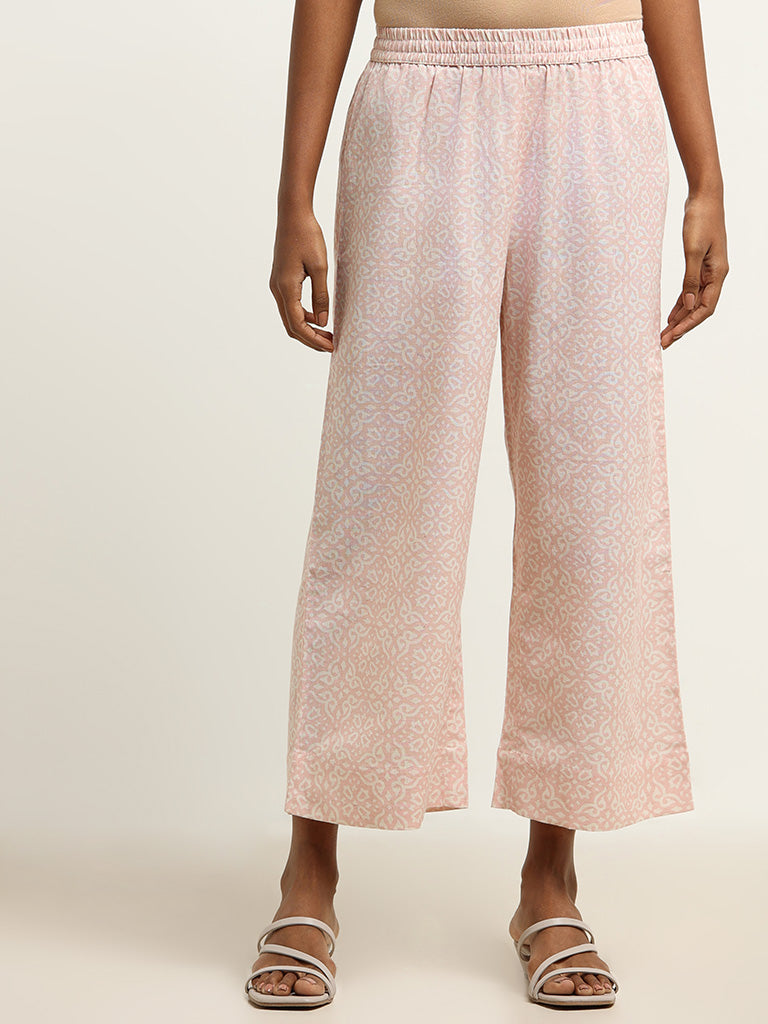 Utsa Pink Printed Blended Linen Wide-Leg Pants
