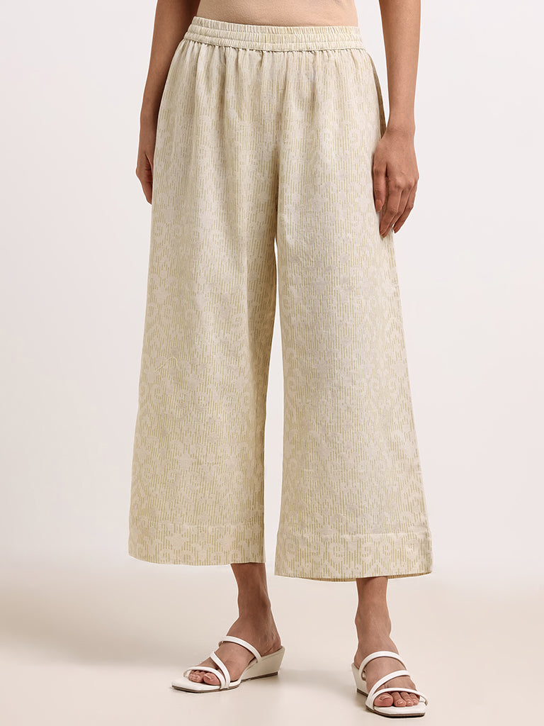 Utsa Lime Printed Blended Linen Wide-Leg Pants