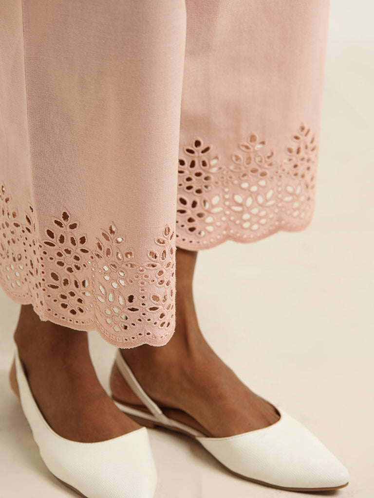 Utsa Pink Cutwork Hem Blended Linen Wide-Leg Pants