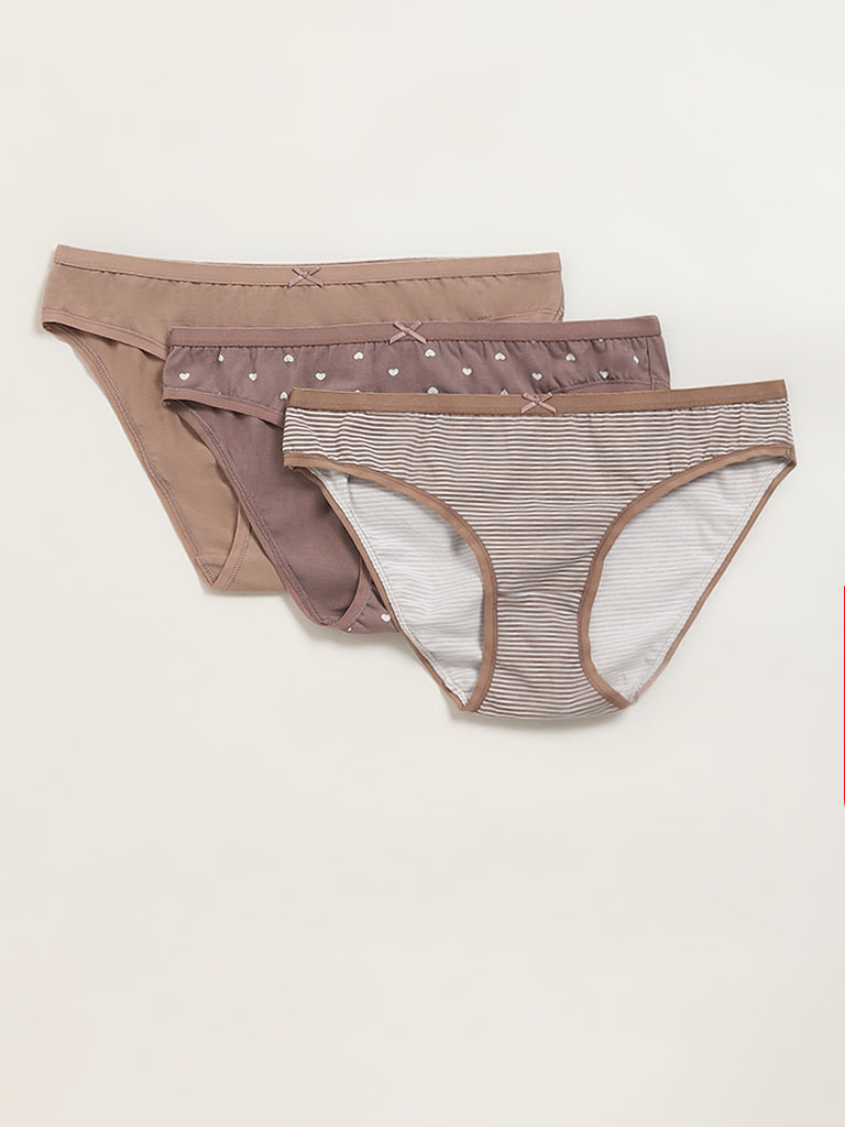 Wunderlove Beige Bikini Cotton Blend Assorted Briefs - Pack of 3