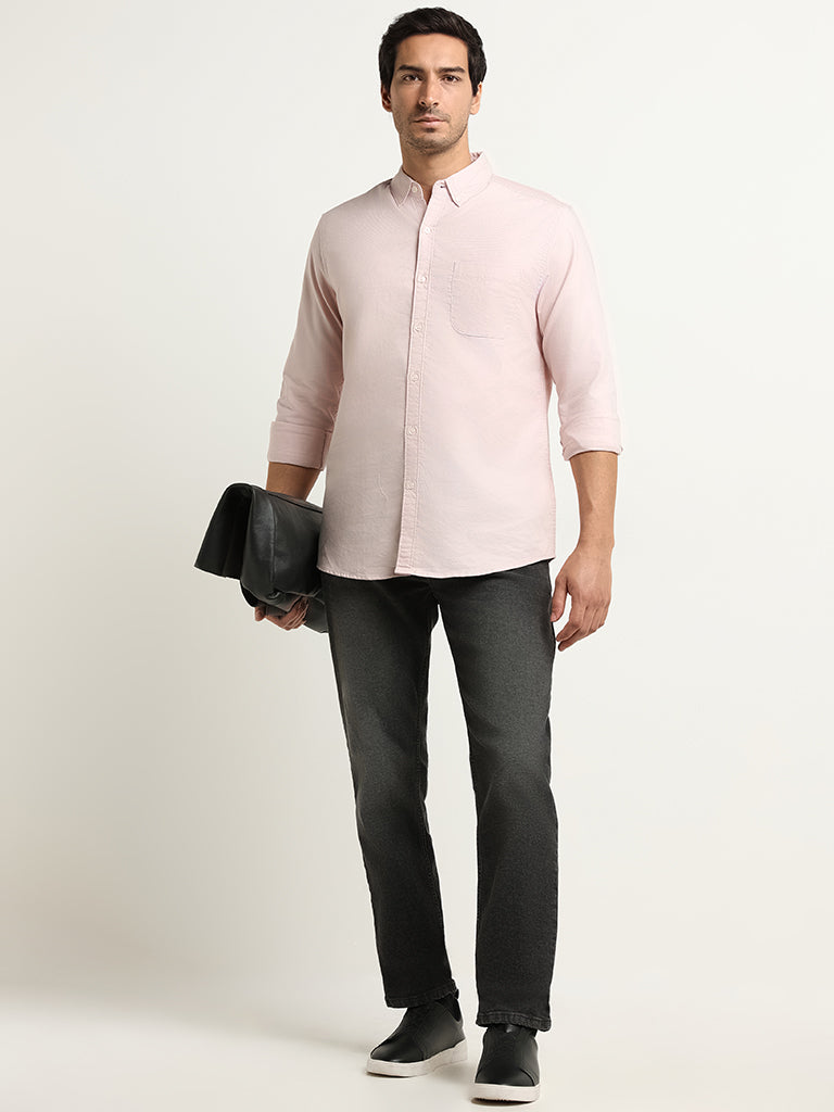 WES Casuals Pink Solid Cotton Slim Fit Shirt