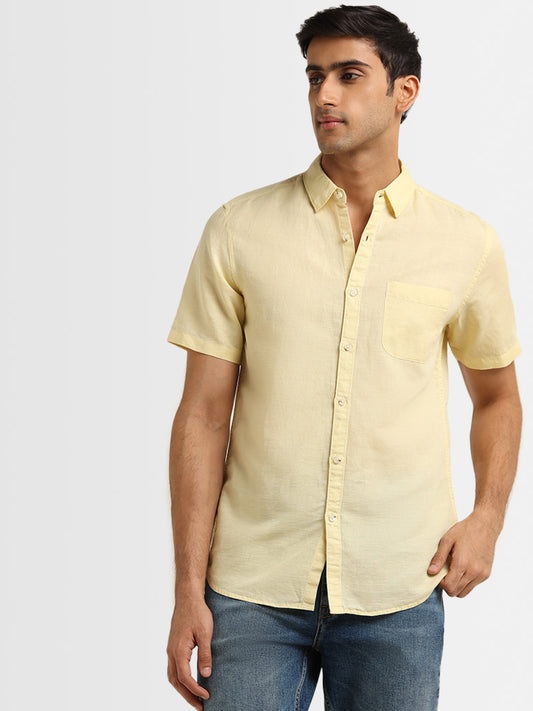 WES Casuals Yellow Linen-Blend Slim Fit Shirt