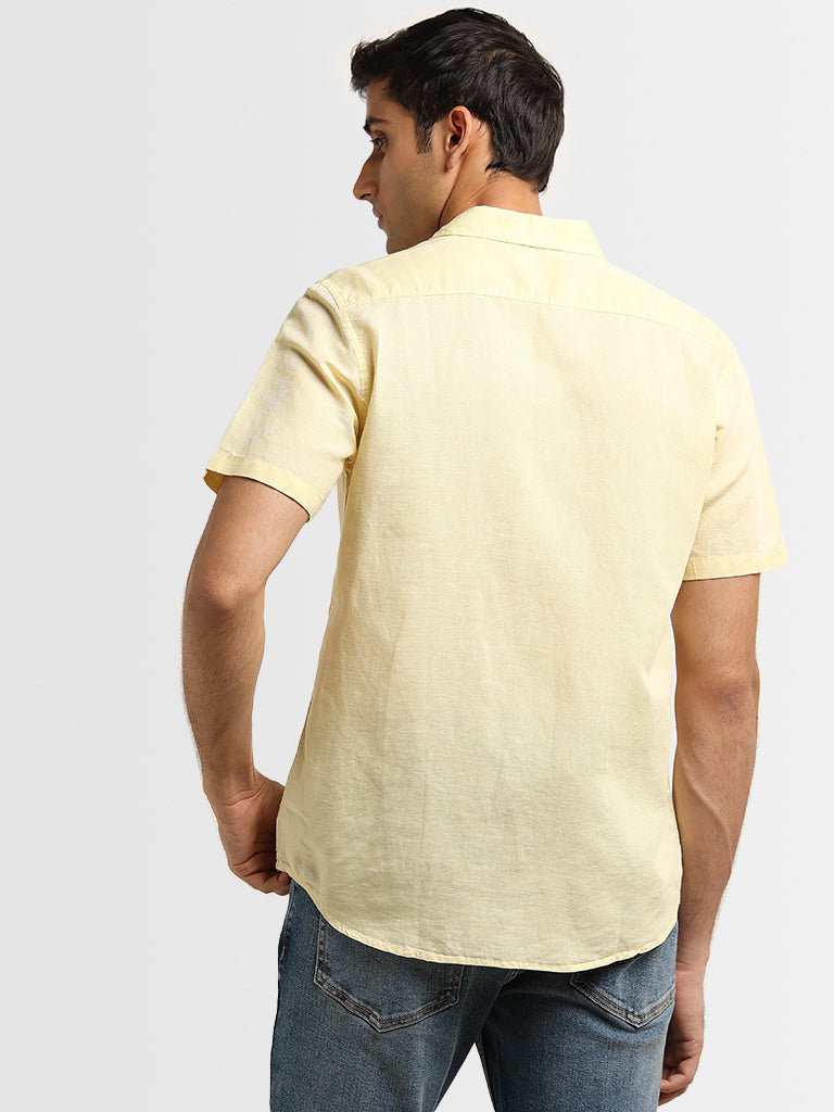 WES Casuals Yellow Linen-Blend Slim Fit Shirt