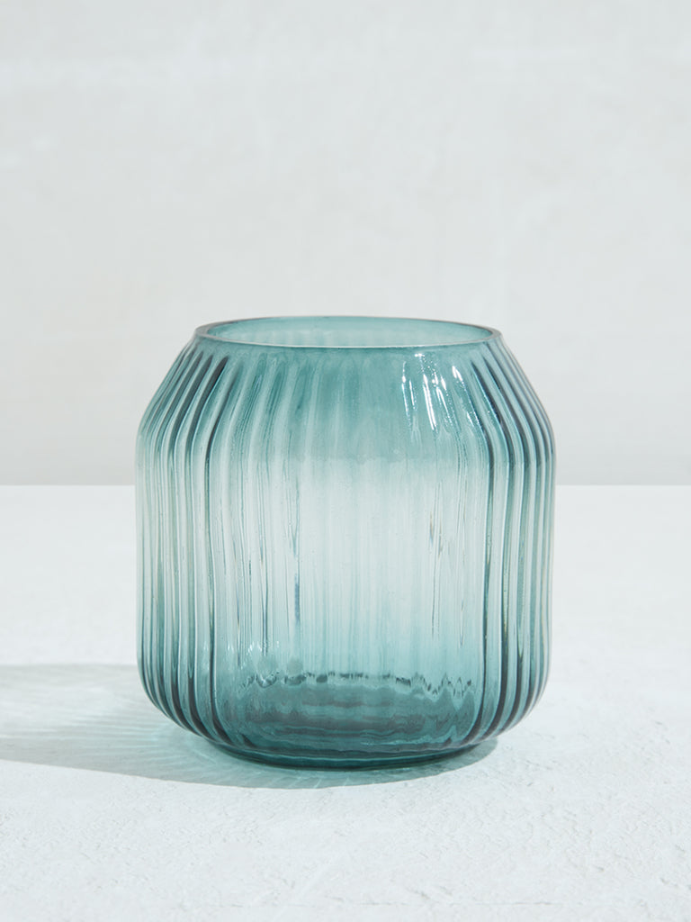 Westside Home Blue Ribbed Glass Tealight Candle Stand - Medium