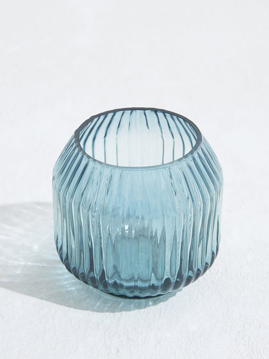 Westside Home Blue Ribbed Glass Tealight Candle Stand (Set of 2)