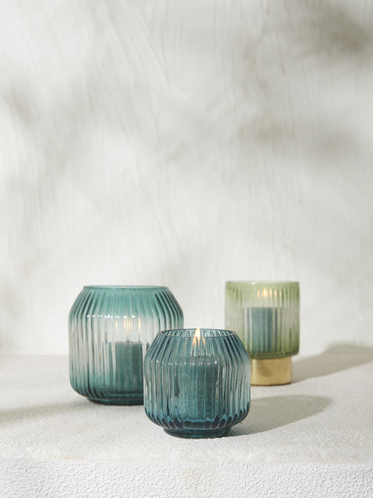 Westside Home Blue Ribbed Glass Tealight Candle Stand (Set of 2)