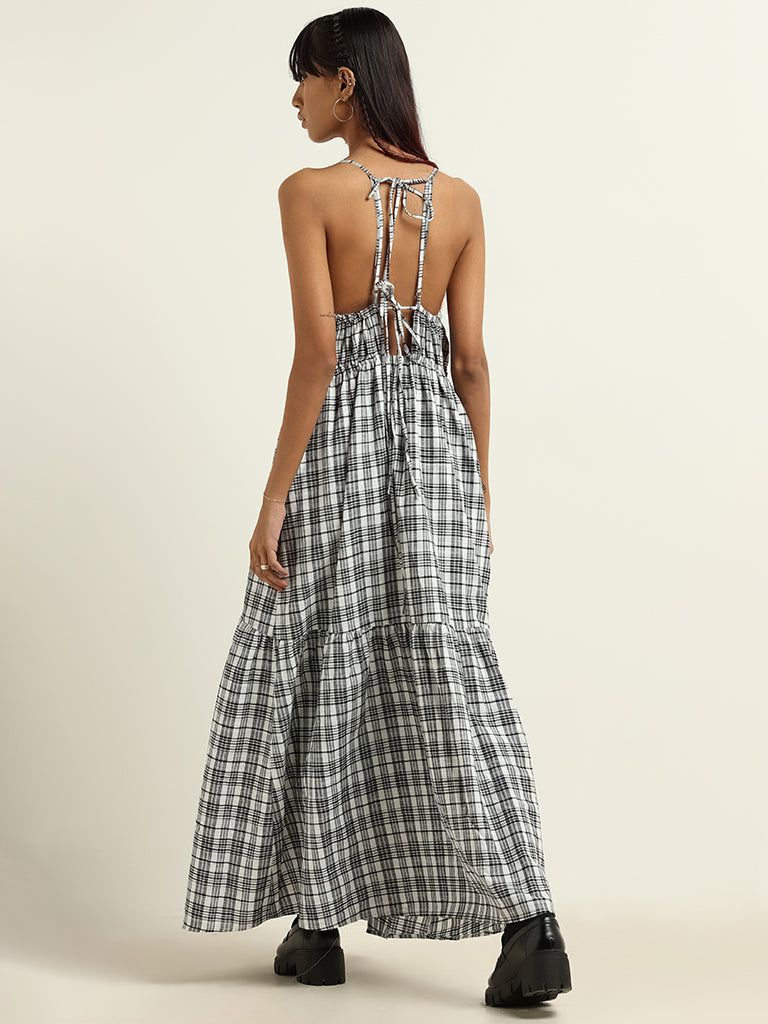 Nuon Black and White Checkered Cotton Maxi Dress