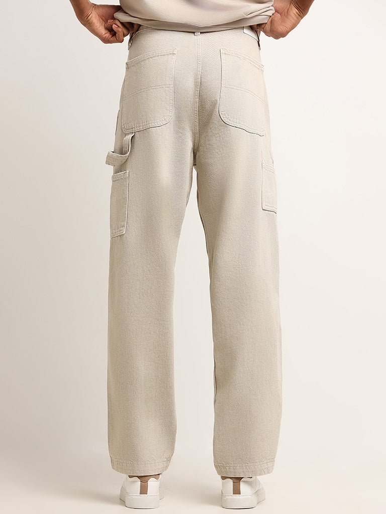 Nuon Solid Beige Mid-Rise Relaxed Fit Jeans