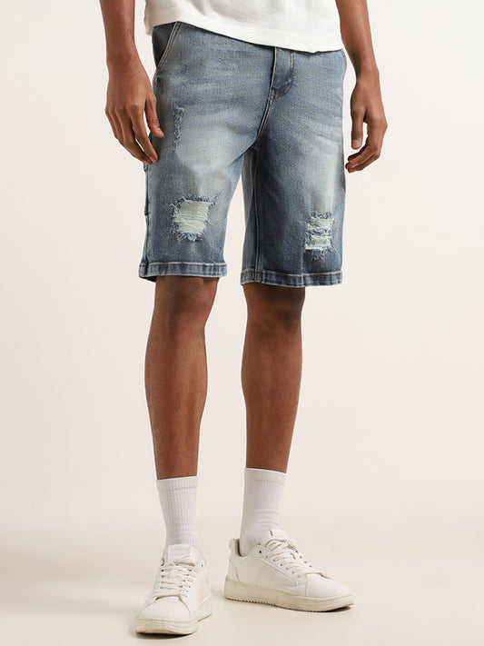Nuon Blue Bermuda Distress Relaxed Fit Shorts