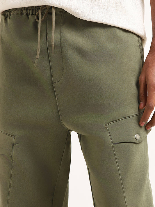 Nuon Olive Green Cargo Cotton Blend Relaxed Fit Mid Rise Pants