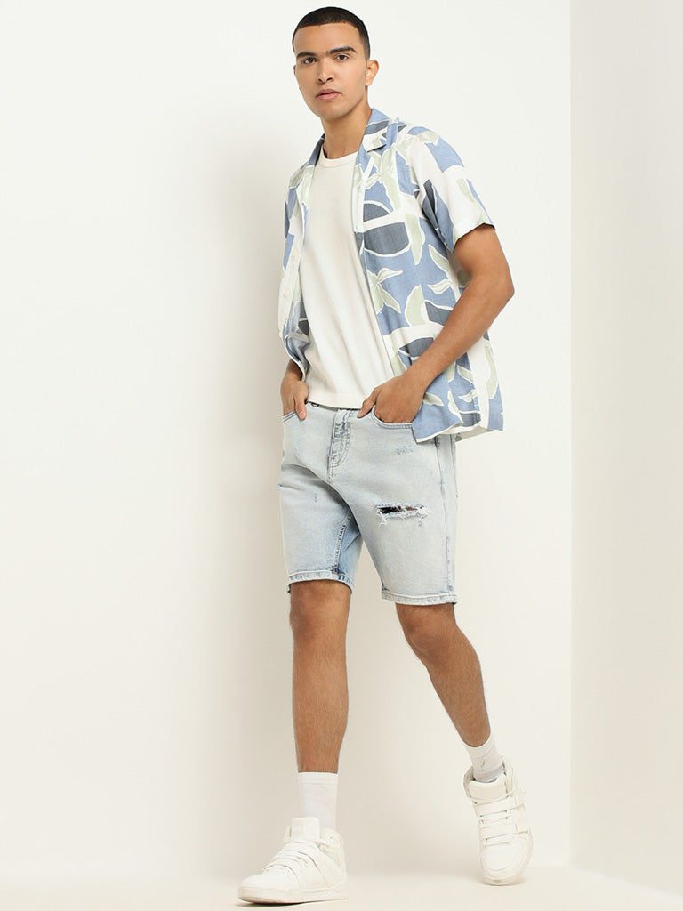 Nuon Blue Printed Cotton Relaxed Fit Shirt