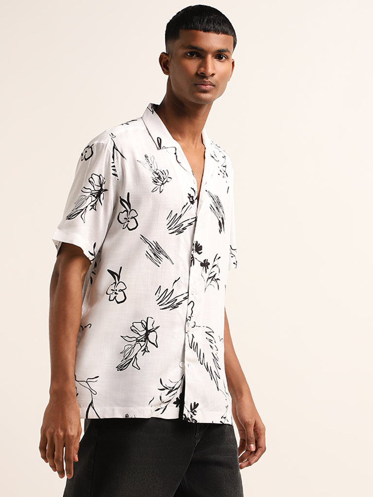 Nuon White Abstract-Print Cotton Relaxed Fit Shirt