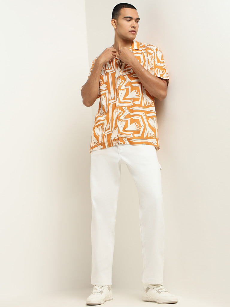 Nuon Orange Printed Cotton Relaxed Fit Shirt