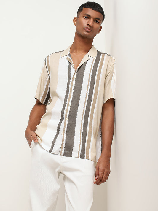 Nuon Beige Striped Relaxed Fit Shirt