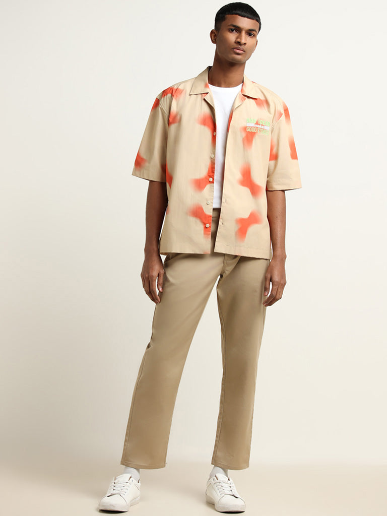 Nuon Beige Printed Relaxed Fit Shirt