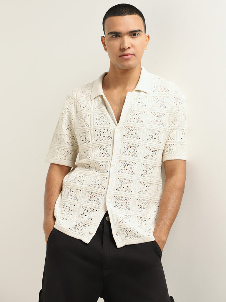 Nuon Off-White Knitted Slim Fit Shirt