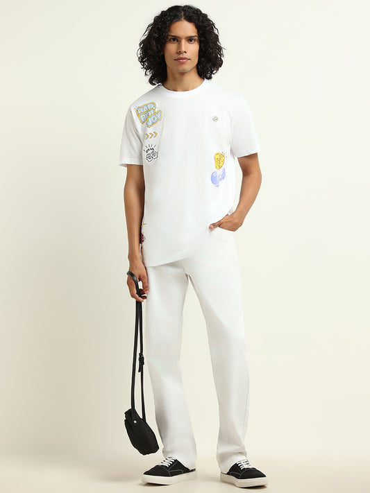 Nuon White Printed Relaxed Fit T-Shirt