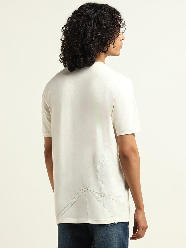 Nuon Off-White Embroidered Cotton Relaxed Fit T-Shirt