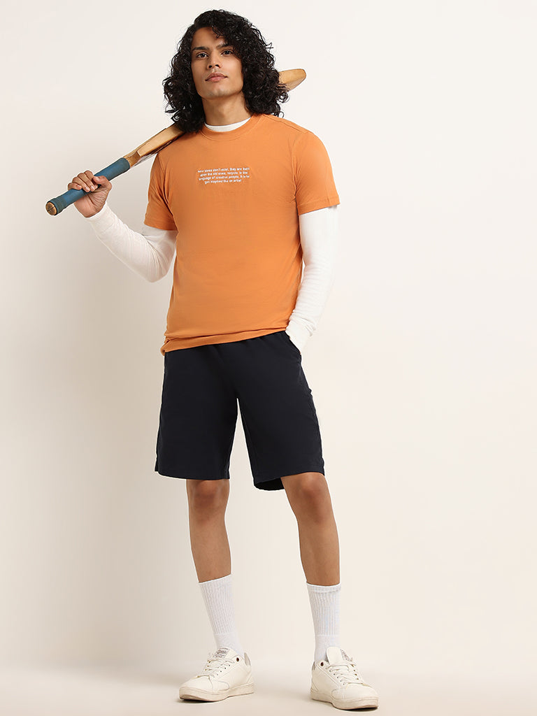 Nuon Orange Embroidered Cotton Relaxed Fit T-Shirt